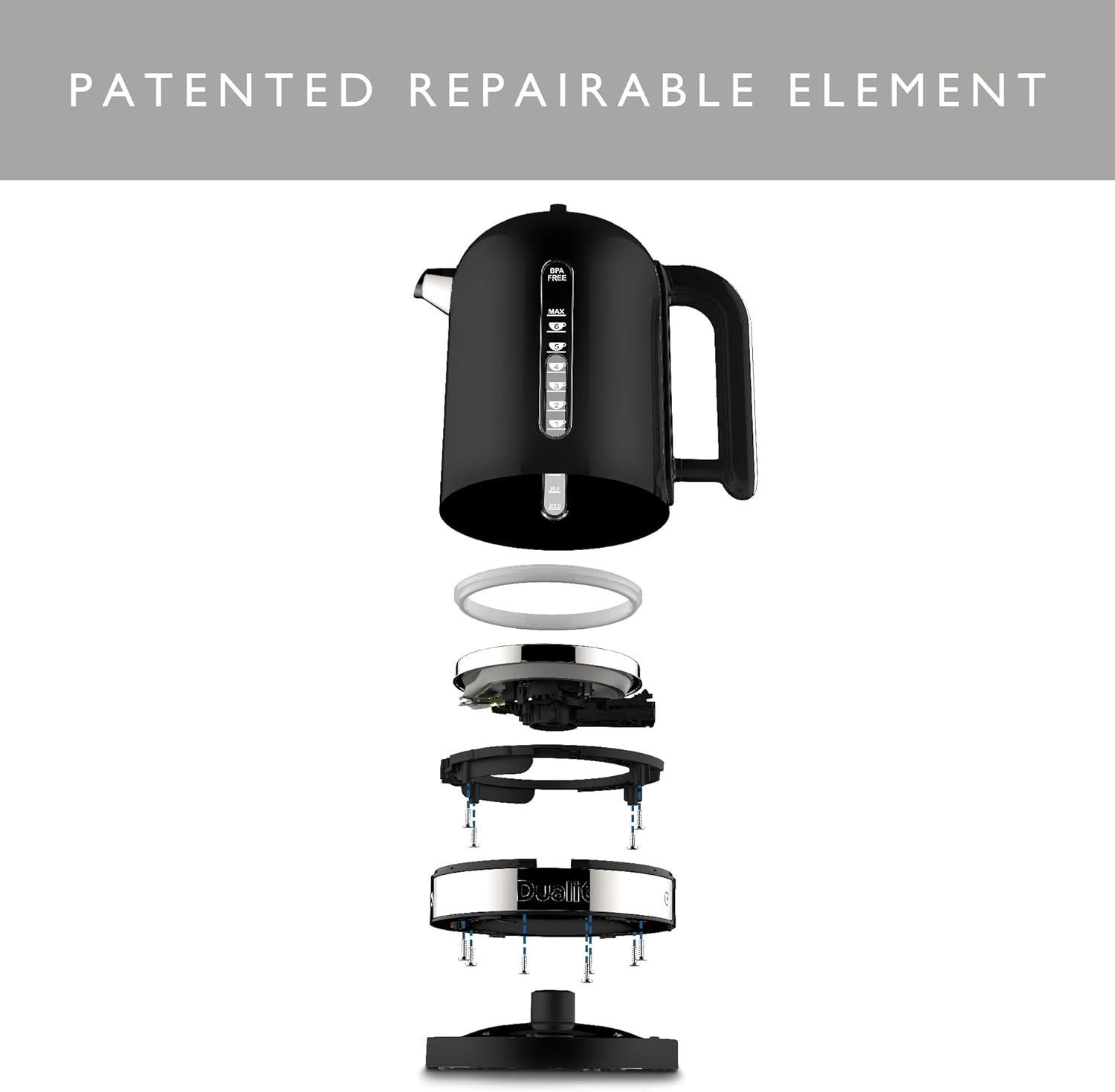 Matte black electric kettle with open base and removable internal parts