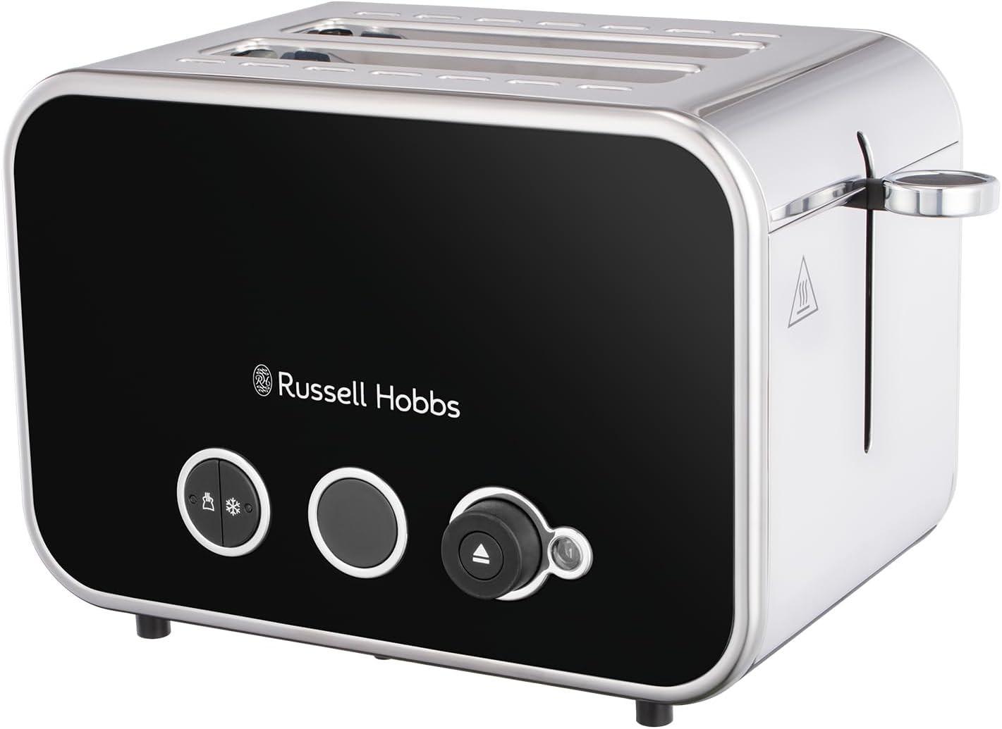 Black 2-slice toaster with brushed steel trim and control buttons on the front
