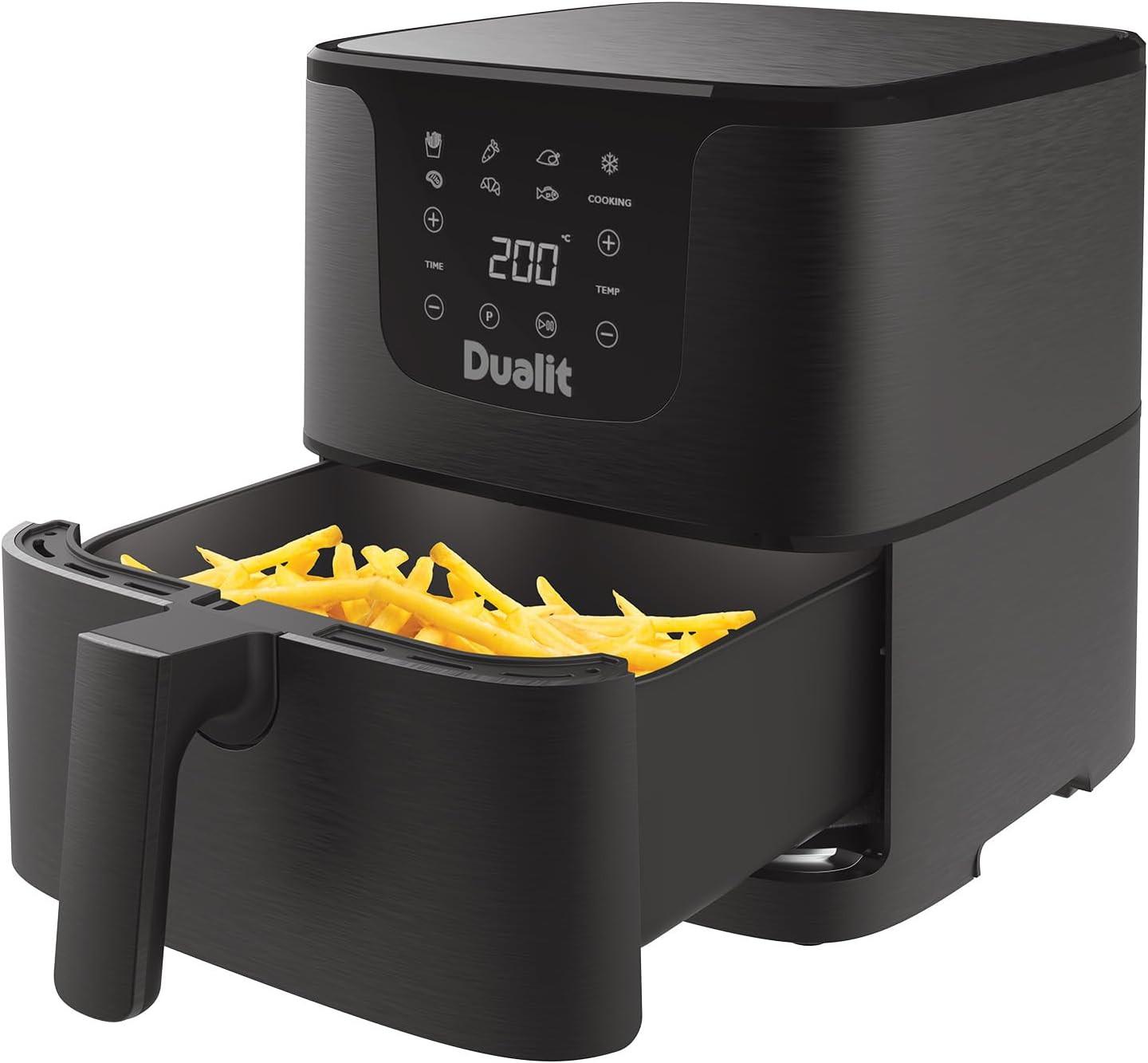 Black Dualit 5.5L air fryer with open basket and digital control panel.