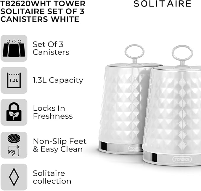 Tower Solitaire Kettle, 2 Slice Toaster, Bread Bin Canisters Set (White)