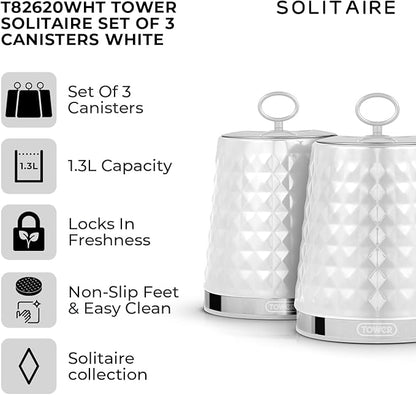 Tower Solitaire Kettle, 2 Slice Toaster, Bread Bin Canisters Set (White)