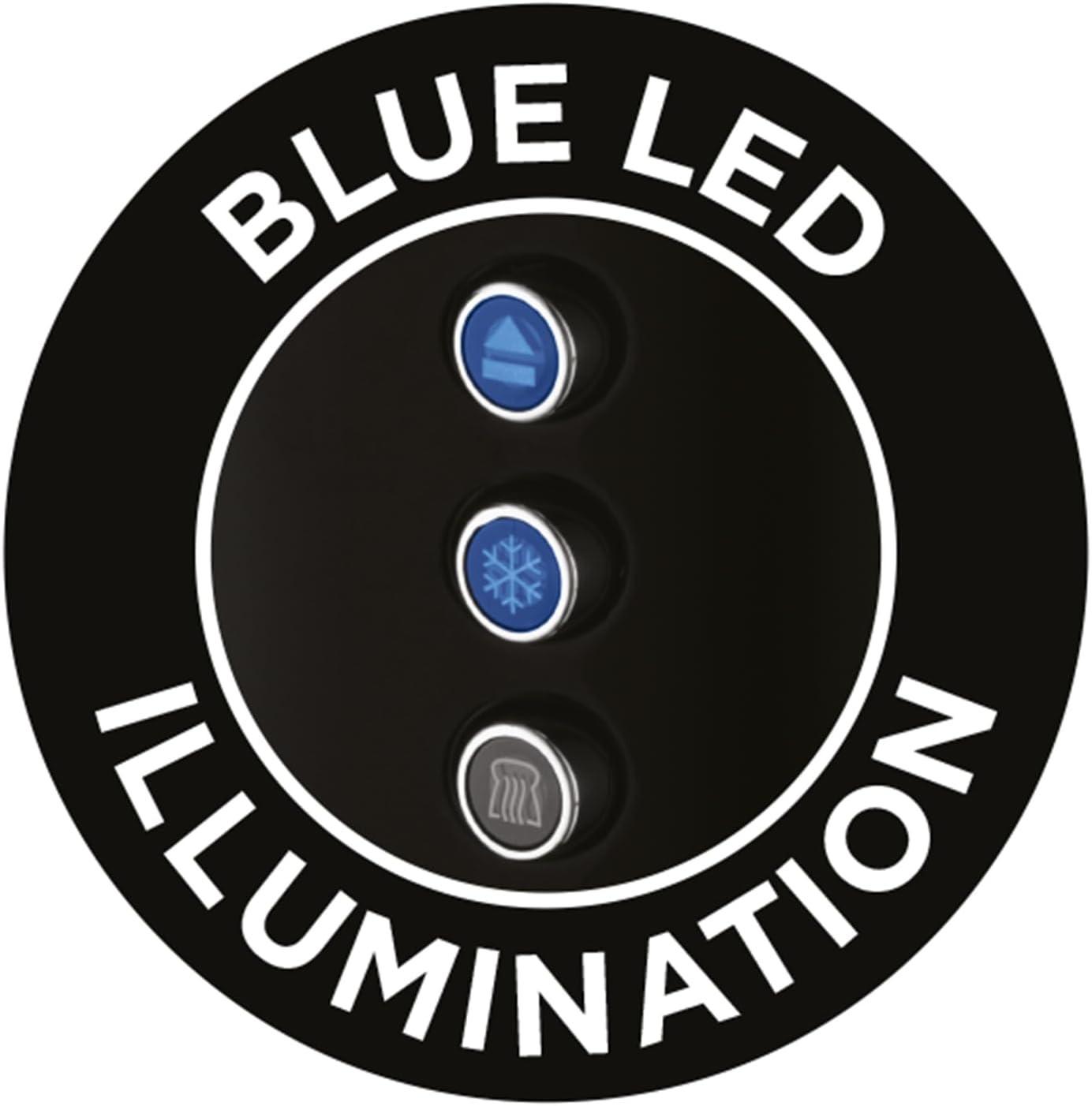 Black toaster blue LED illumination feature badge with blue light and menu icons