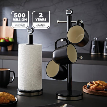 GEEPAS Retrovive Mug Tree & Towel Pole Set GCS63083UK-BK (Black)