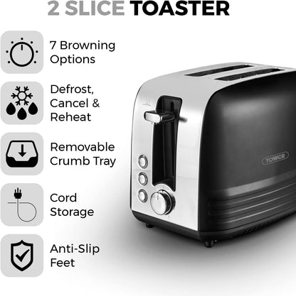 Tower Ash 2 Slice Toasters Black & Chrome Toaster