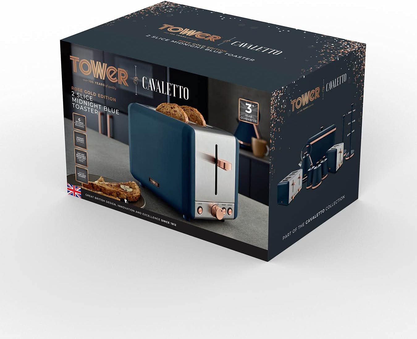 Tower Cavaletto Blue 2 Slice Toaster Midnight Rose Gold T20036MNB