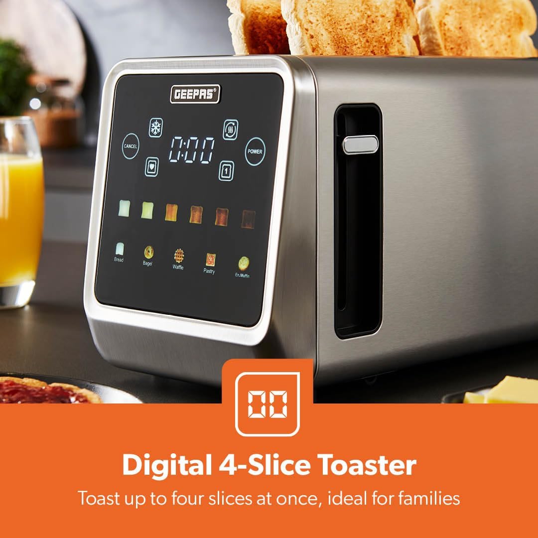 GEEPAS 5-in-1 Digital 4 Slice Long Slot Toaster GBT36566UK (Silver)