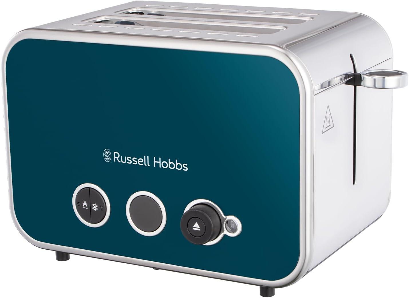 Ocean blue 2-slice toaster with stainless steel sides and control dials, Russell Hobbs