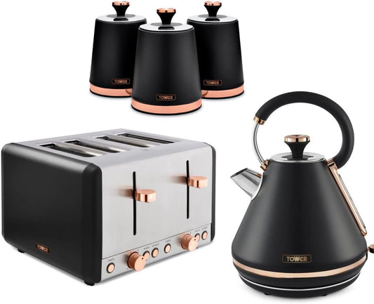 Tower Cavaletto Kettle, 4 Slice Toaster & Canisters Kitchen Set (Black)