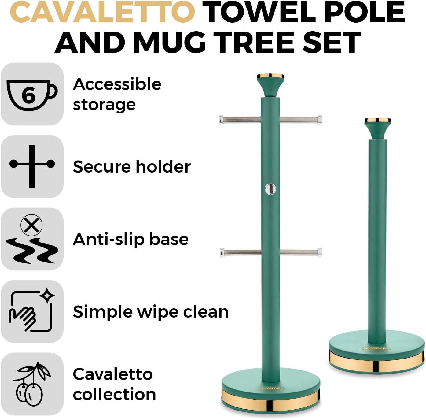 Jade towel pole and mug tree set with two towel rails, gold ring bases, and teal post