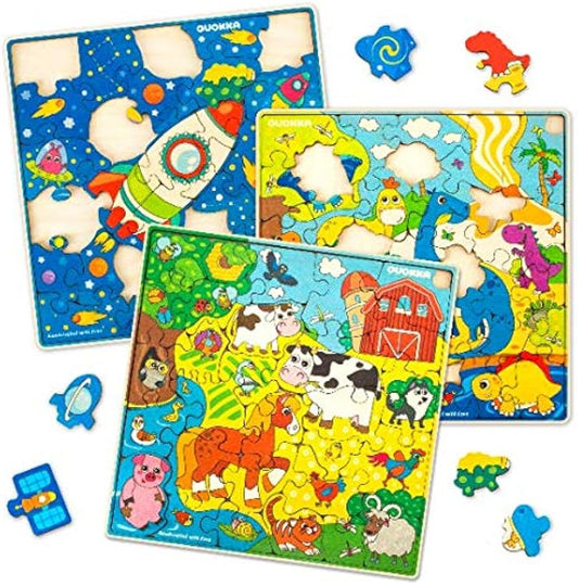 3 Wooden Puzzles Jigsaw Space, Farm, Dinosaur Game Kids