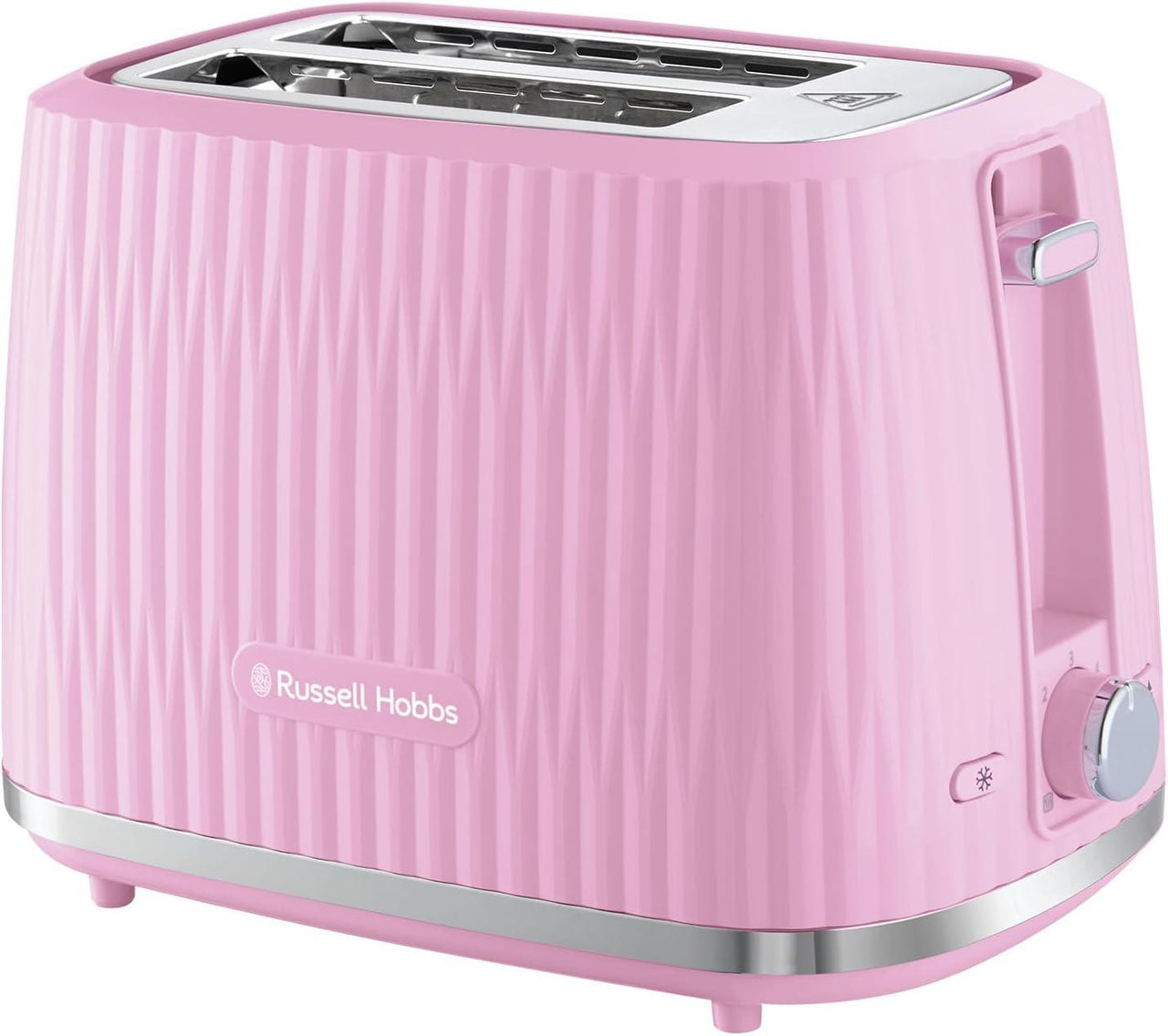 Pink 2-slice toaster with open heating slots and silver interior.