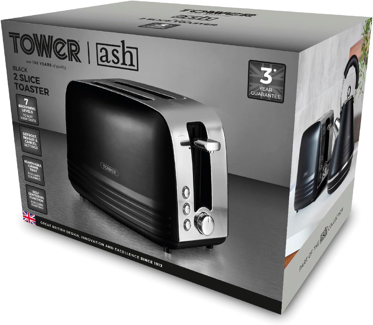 Tower Ash 2 Slice Toaster Wide Slots Metal T20080BLK (Black)