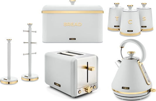 Tower Cavaletto Kettle, 2 Slice Toaster, Bread Bin, Canisters, Towel Pole & Mug Tree Kitchen Set (White)