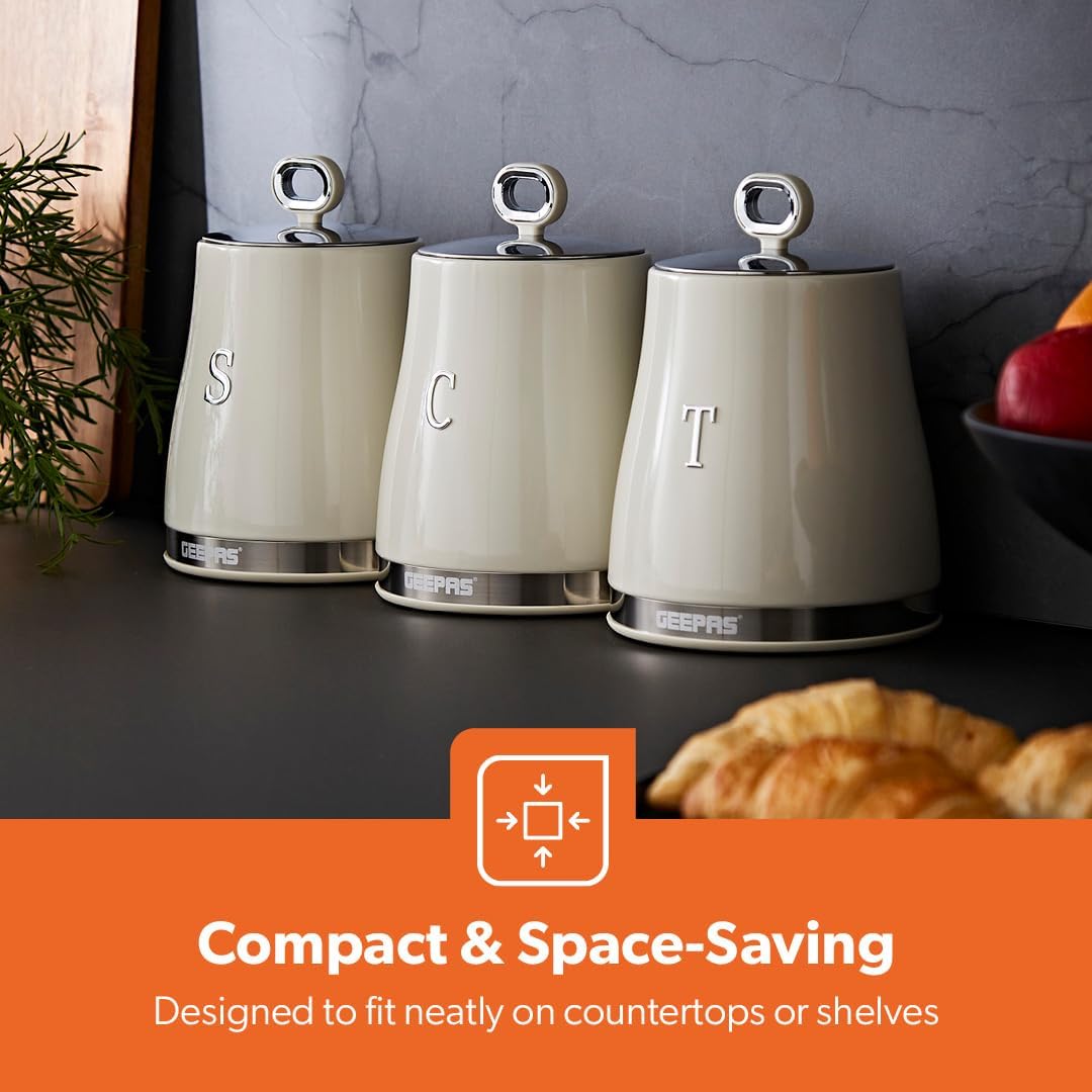GEEPAS Retrovive Kettle, 4 Slice Toaster, Bread Bin & Canisters Kitchen Set (Cream)