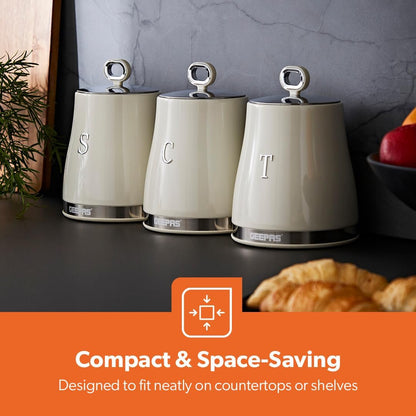 GEEPAS Retrovive Kettle, 4 Slice Toaster, Bread Bin & Canisters Kitchen Set (Cream)