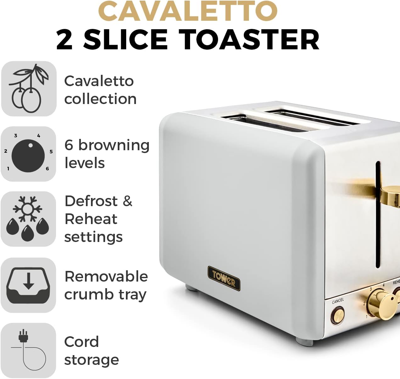 Tower Cavaletto Jug Kettle & 2 Slice Toaster Kitchen Set (Optic White)