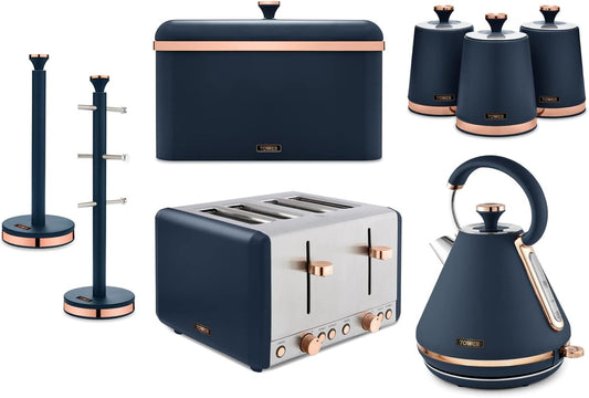 Tower Cavaletto Kettle, 4 Slice Toaster, Bread Bin, Canisters, Towel Pole & Mug Tree Kitchen Set (Blue)