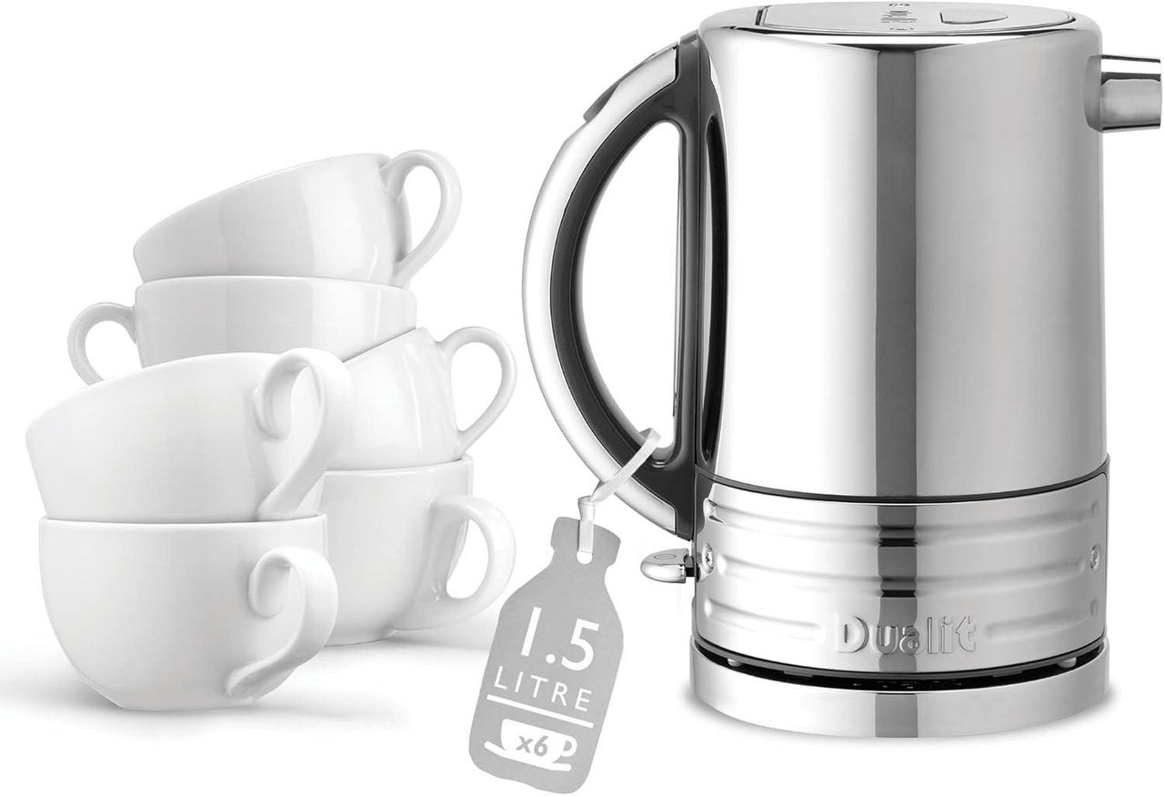 Stainless electric jug kettle with curved handle, shown next to white tea cups