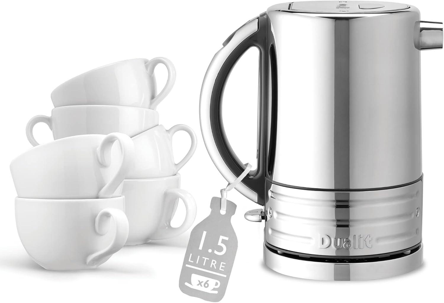 Stainless electric jug kettle with curved handle, shown next to white tea cups