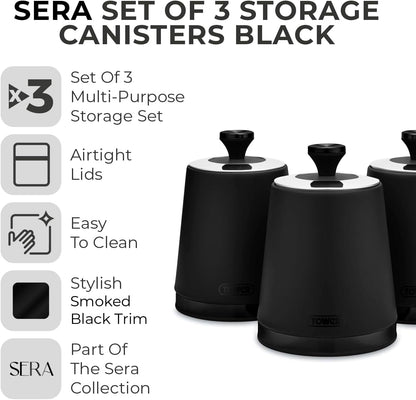 Tower Sera Kettle, 4 Slice Toaster & Canisters Kitchen Set (Black)