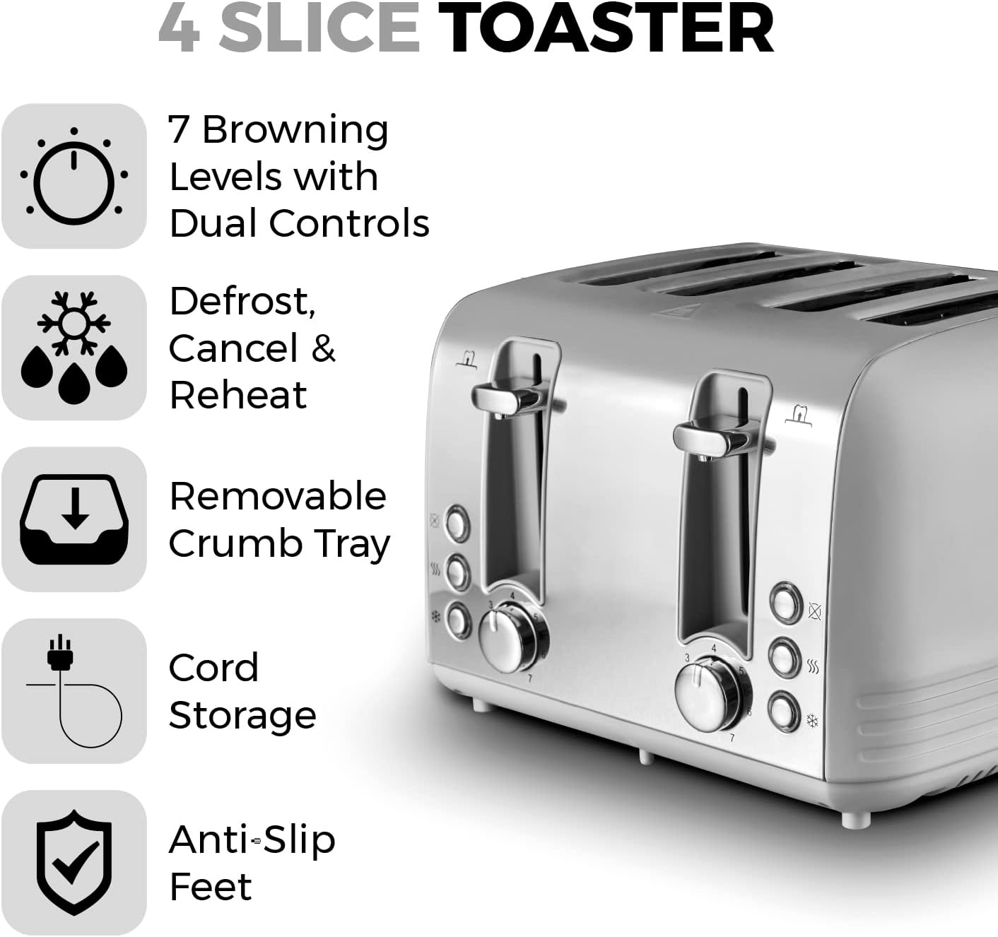 Tower Ash 4 Slice Toaster Stainless Steel T20081GRY (Grey)