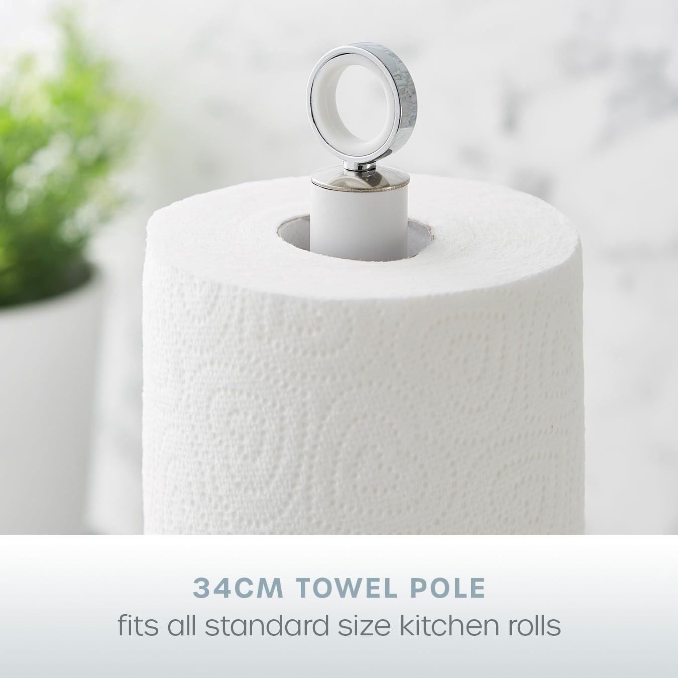 White towel pole roll holder on a textured base for standard kitchen paper rolls