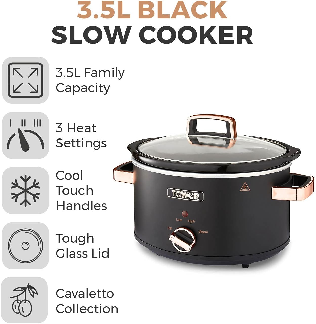 Tower Cavaletto 3.5 Litre Slow Cooker T16042BLK (Black/Rose Gold)