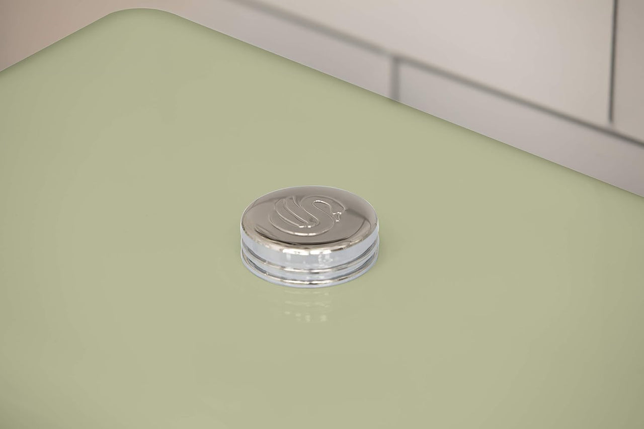 Green bread bin lid with silver ridged ring and embossed swan logo