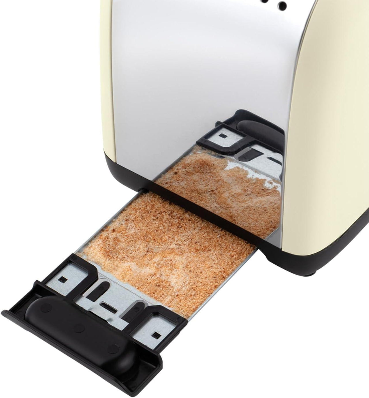 Jasmine cream 2-slice toaster with bread in slots and open lift mechanism.
