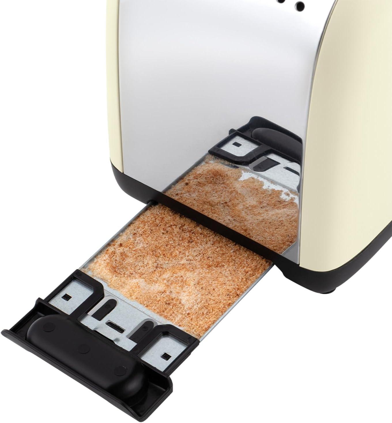 Jasmine cream 2-slice toaster with bread in slots and open lift mechanism.
