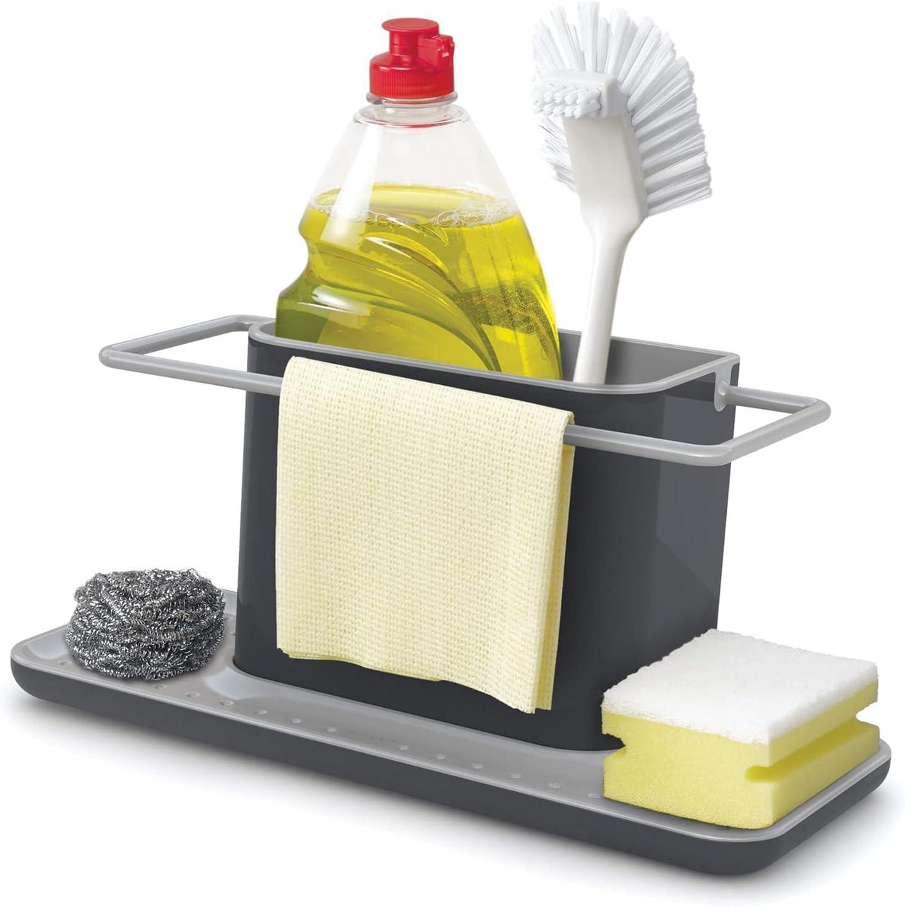 Grey XL kitchen sink caddy organizer holding bottle, brush, and sponge