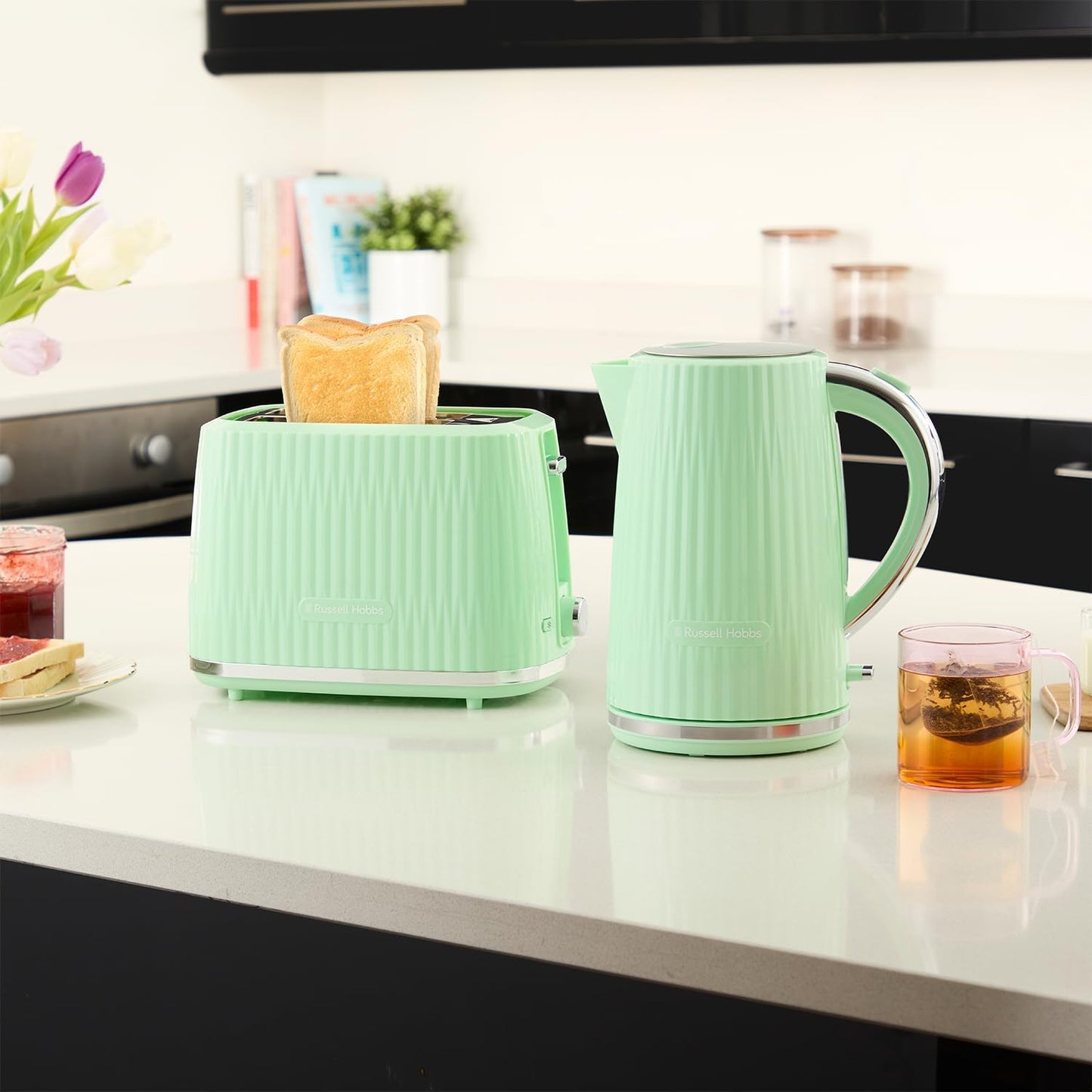 Russell Hobbs Eden Kettle & 2 Slice Toaster Green Kitchen Set (Pistachio Green)