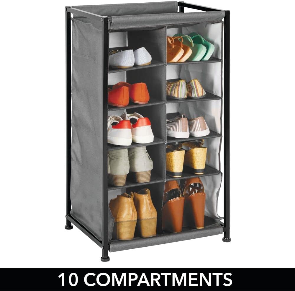 mDesign Shoe Rack – Practical Canvas Storage Cubes with Metal Frame for Hallway or Storeroom – Canvas Storage Unit with 10 Compartments – Charcoal Grey