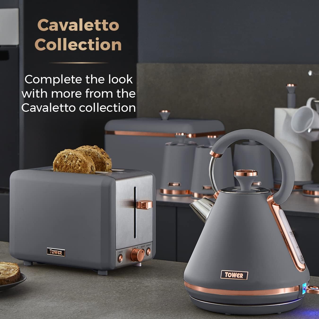 Tower Cavaletto Pyramid Kettle, 4 Slice Toaster, Bread Bin Canisters Kitchen Set (Grey)