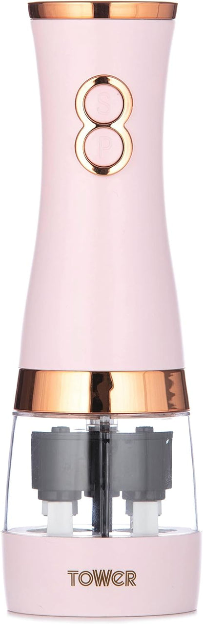 Tower T847004PNK Electric Salt and Pepper Mills, Battery Operated with Adjustable Ceramic Grinders, Pink and Rose Gold