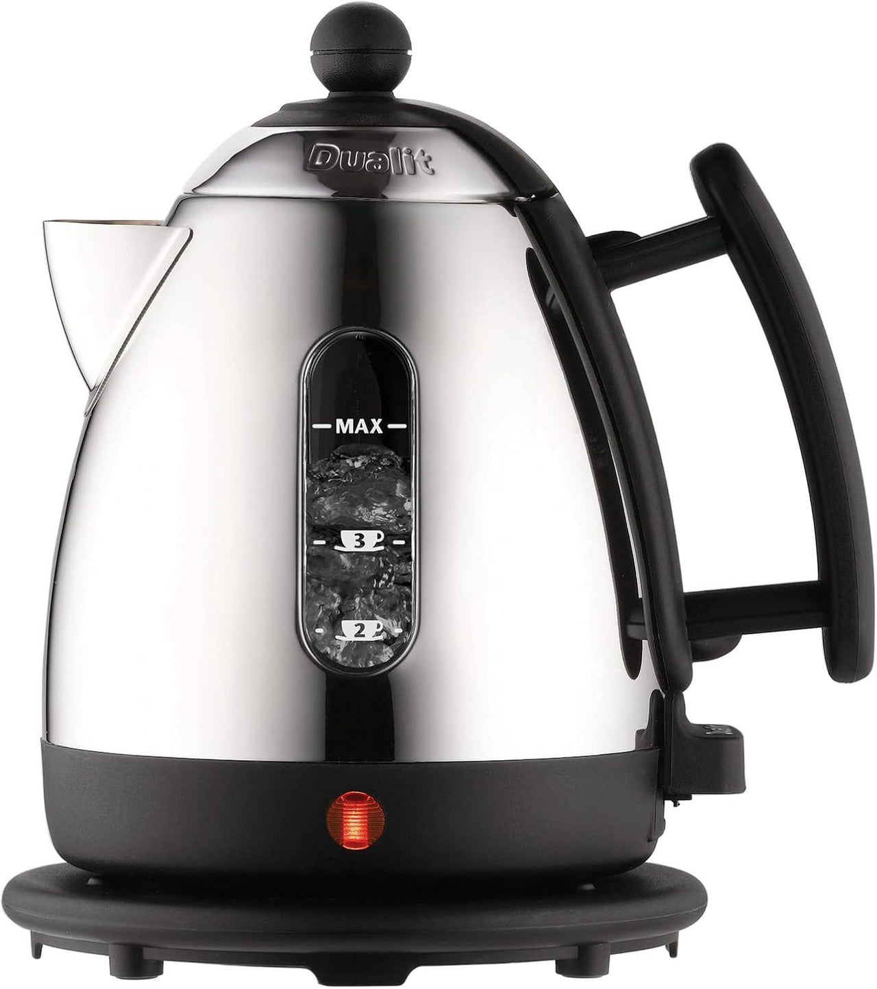 Stainless steel mini jug kettle with black handle and base, hinged lid and water level markings