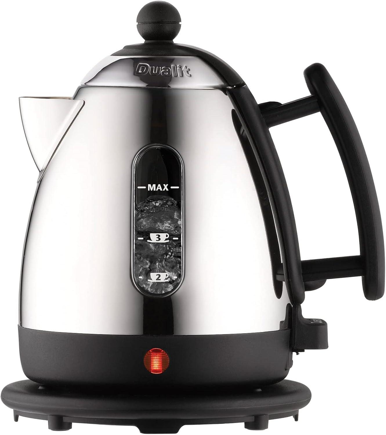 Stainless steel mini jug kettle with black handle and base, hinged lid and water level markings