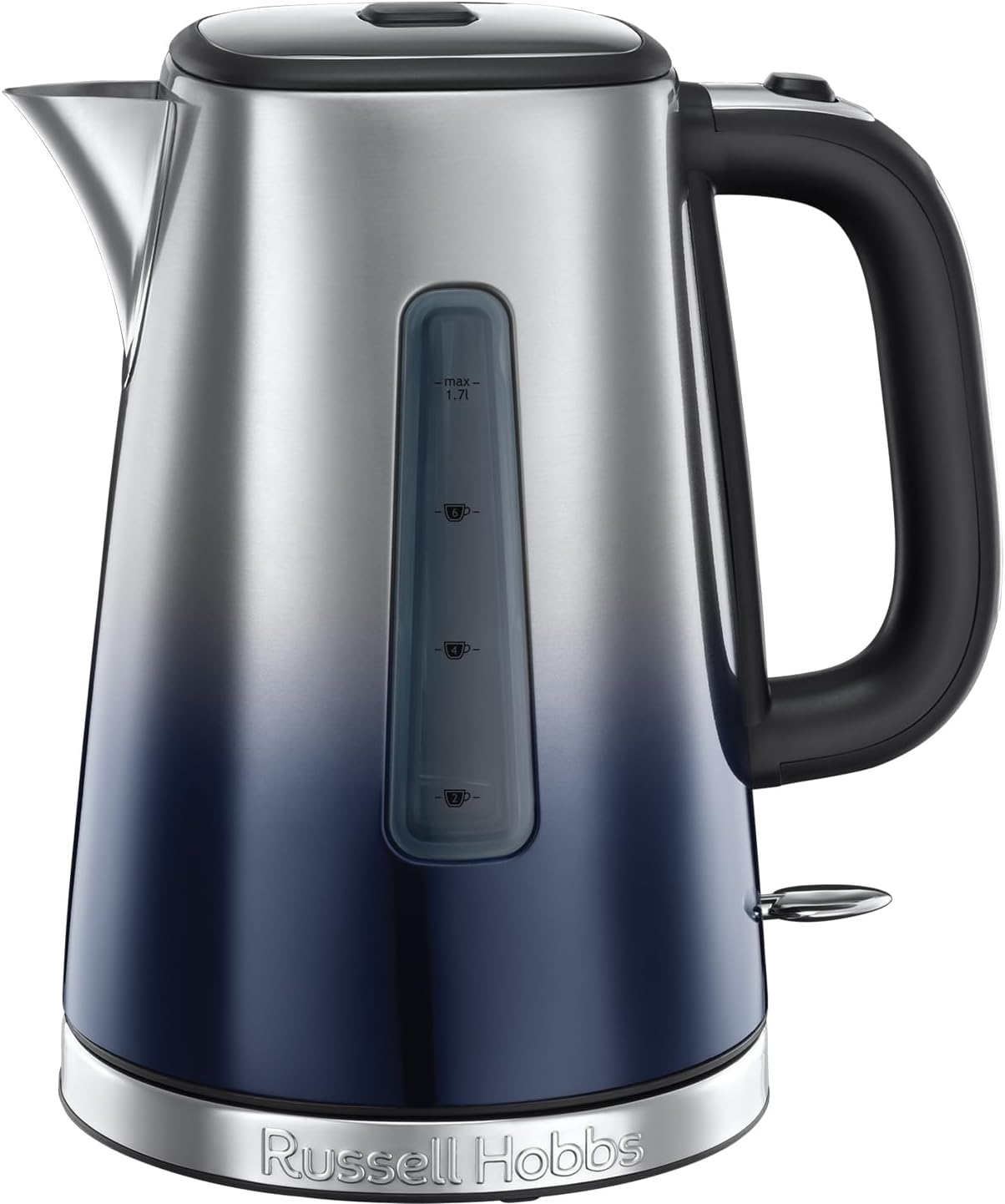 Stainless steel kettle with black handle on a white background, featuring the Russell Hobbs logo.