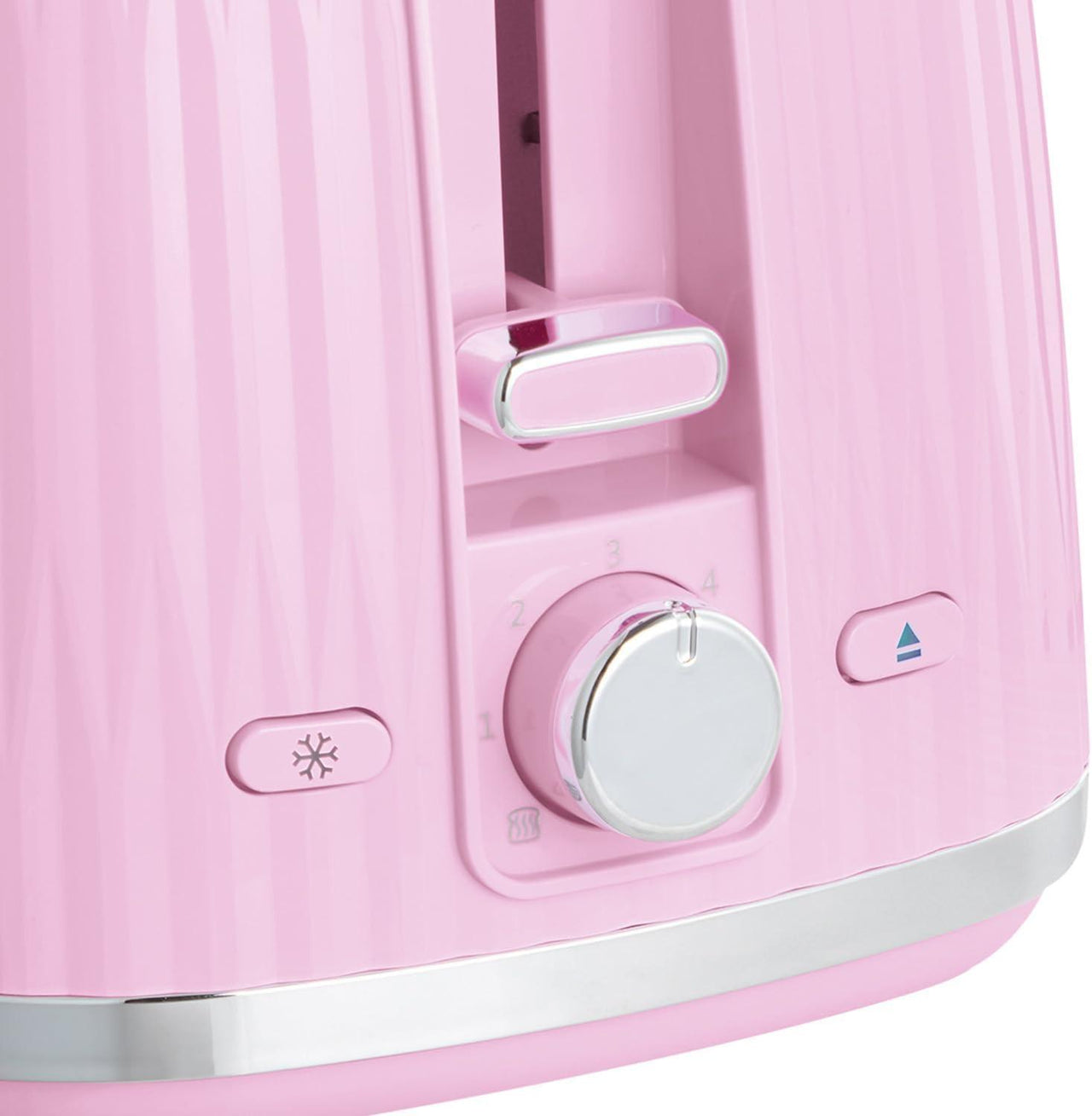 Pink 2-slice toaster front with browning dial and control buttons.