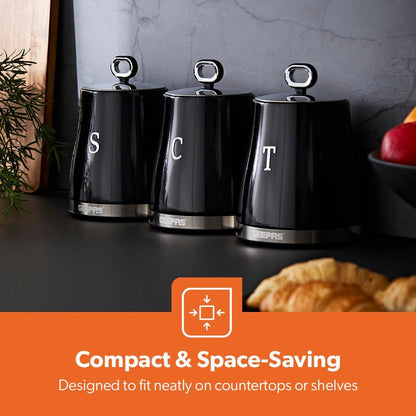 GEEPAS Retrovive Tea, Coffee & Sugar Canisters Set GCS63082UK-BK (Black)