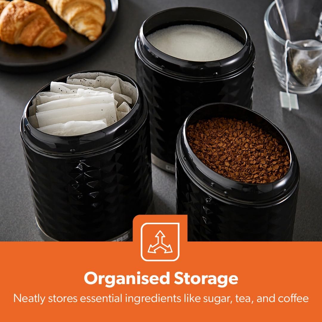 GEEPAS Argyle Tea, Coffee & Sugar Canisters Set GCS63085UK-BK (Black)