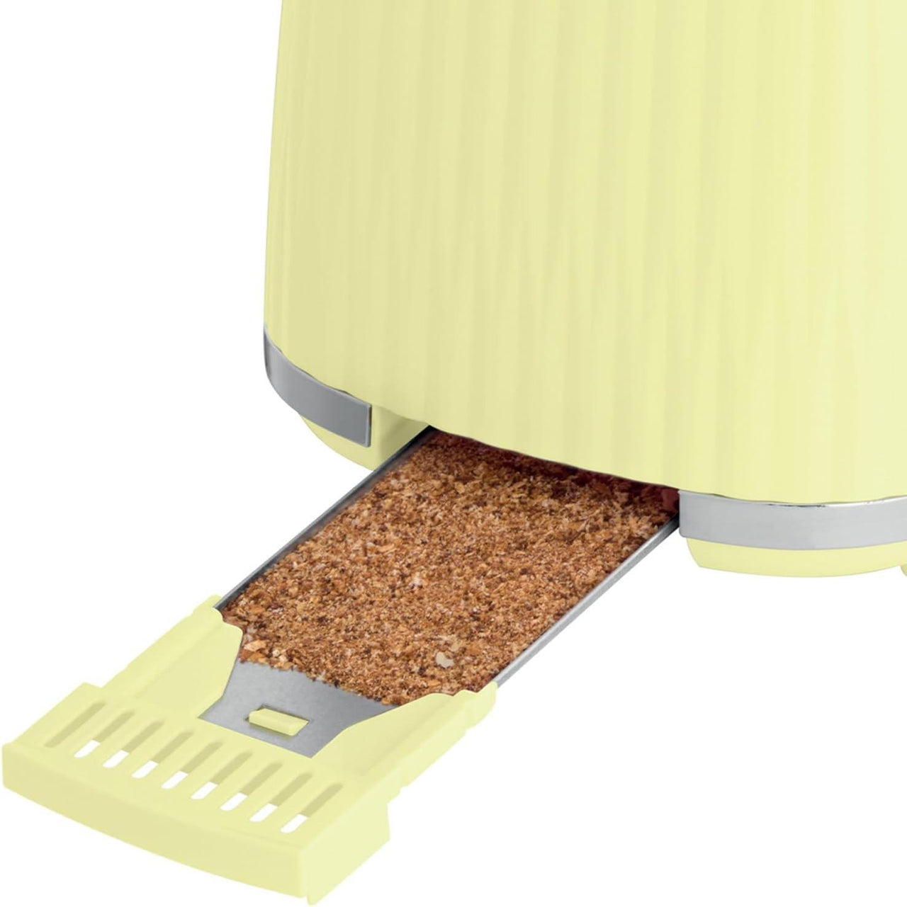 Lemon toaster with crumb tray pulled out and open toasting slots