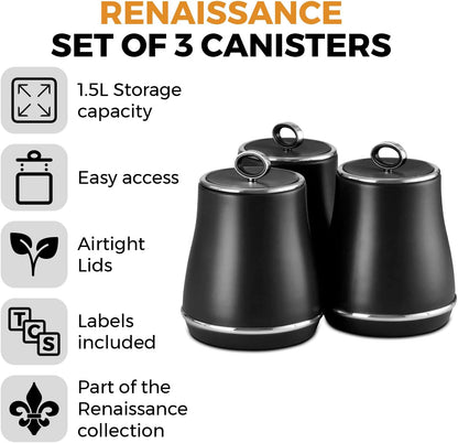 Tower Renaissance - Set of 3 Storage Canisters for Coffee/Sugar/Tea, 1.5L Black T826176BLK