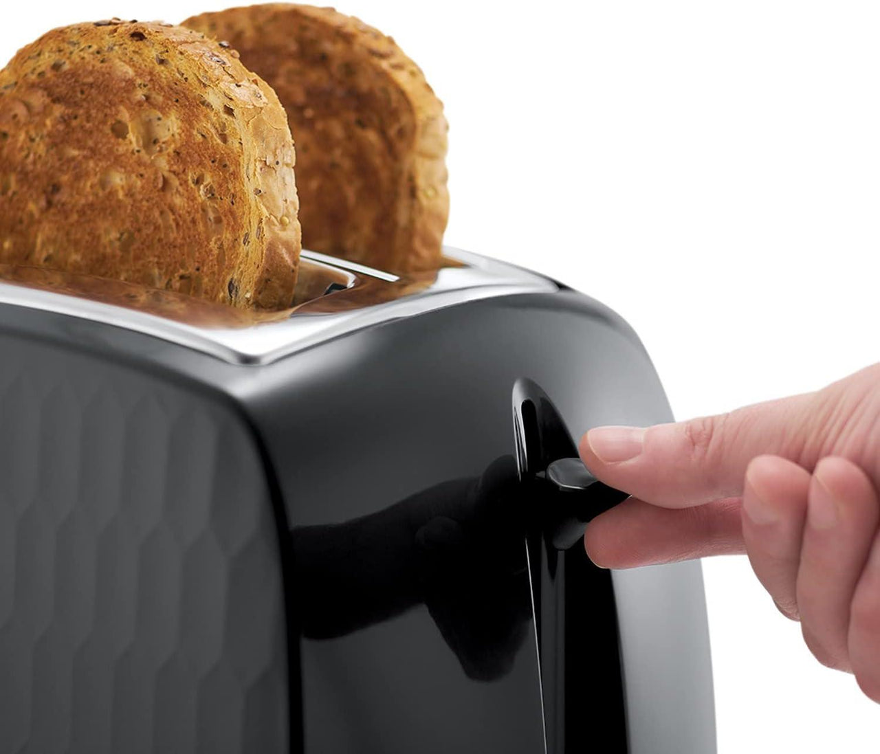 Black 2-slice toaster with chrome top and honeycomb-textured sides