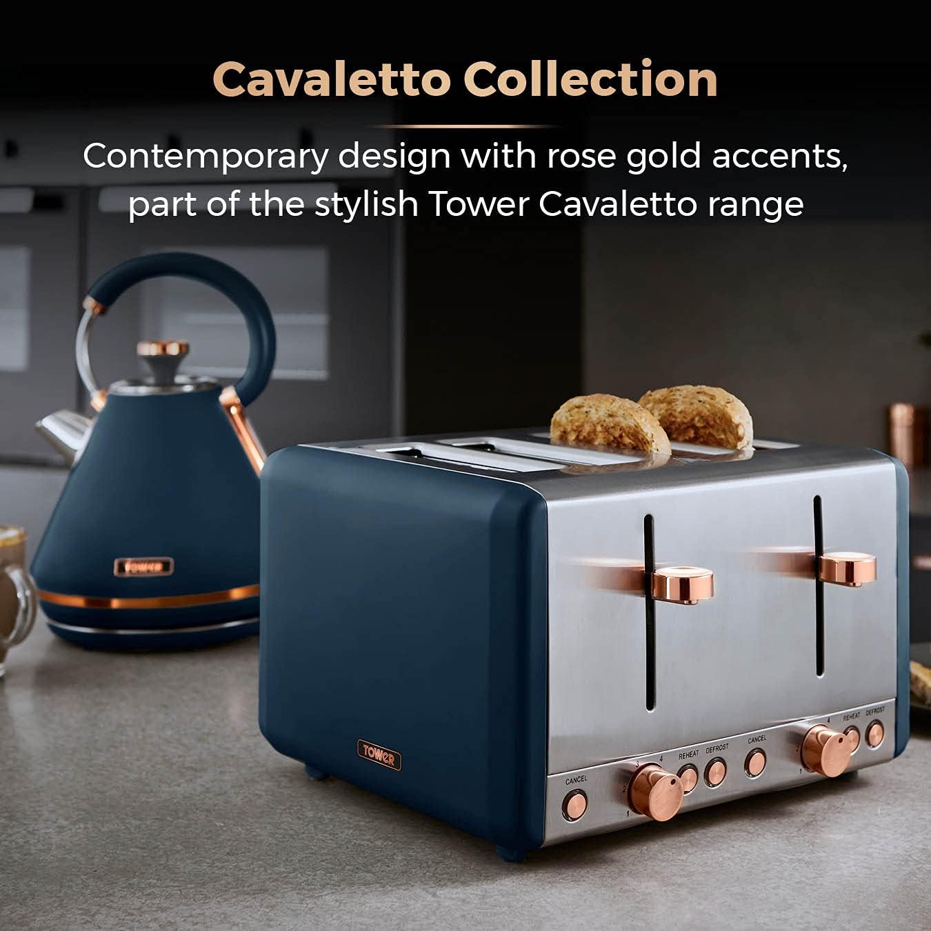 Tower Cavaletto Midnight Blue 5pc Kitchen Set Kettle 4 Slice Toaster Canisters