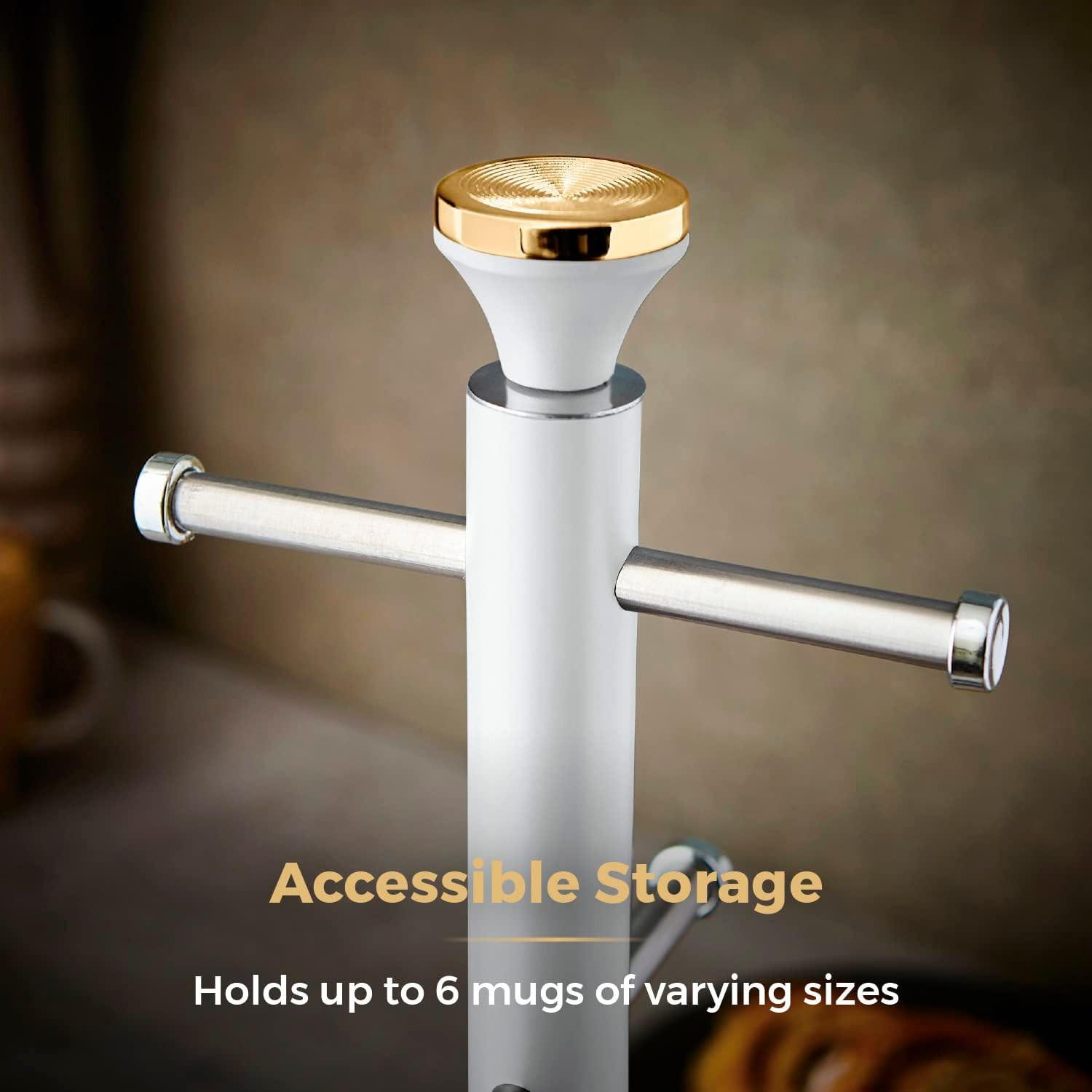 Optic White mug tree towel pole with gold top and horizontal holder bars
