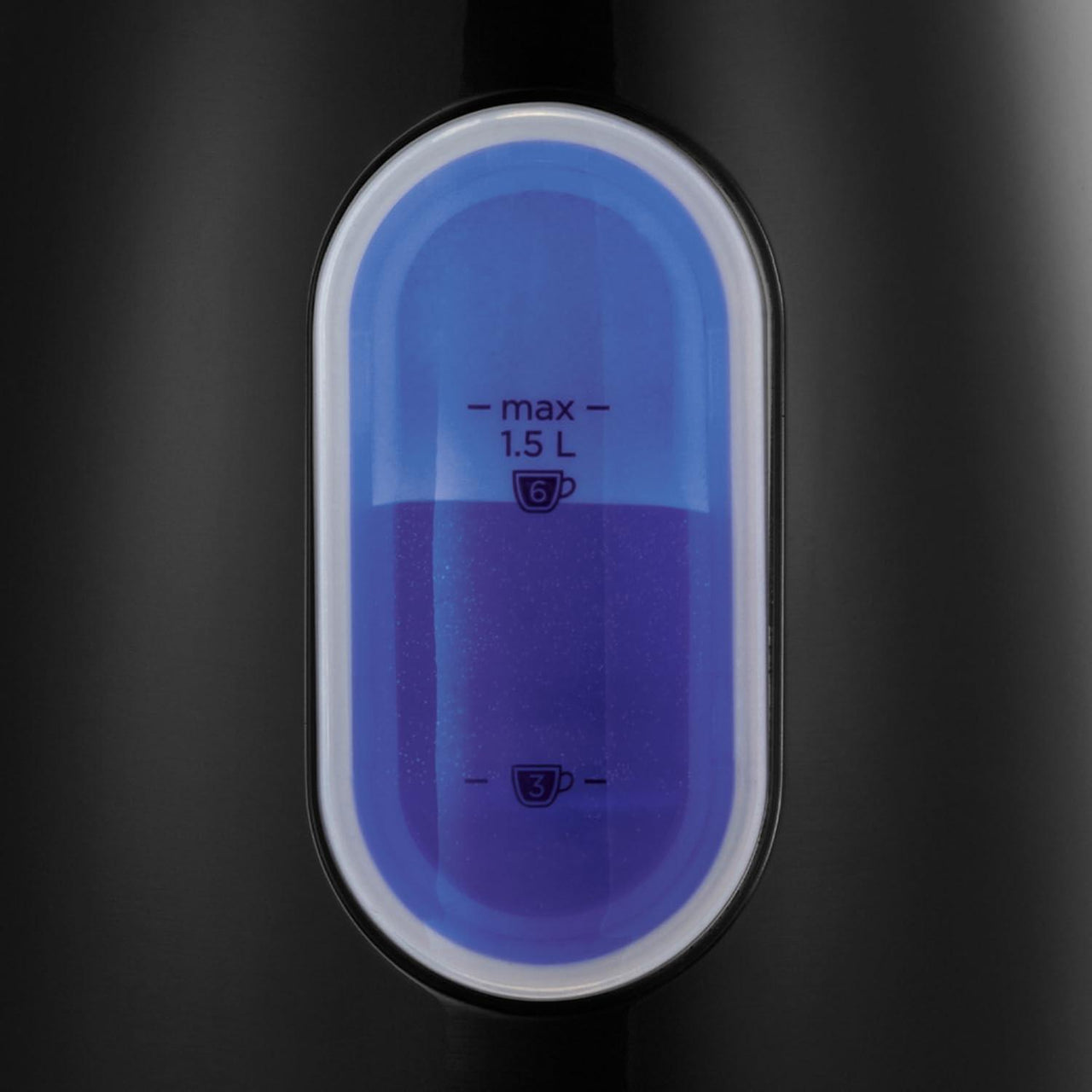 Blue water level window on black kettle body with max and 3L marks