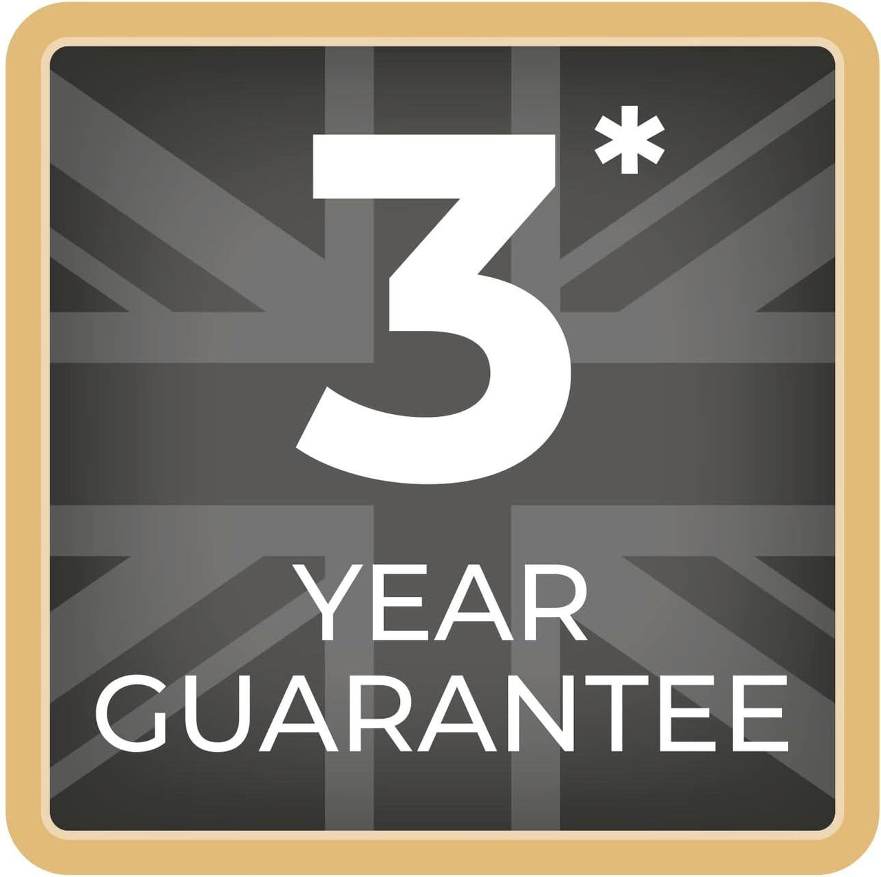 3-year guarantee badge with gold border and large 
