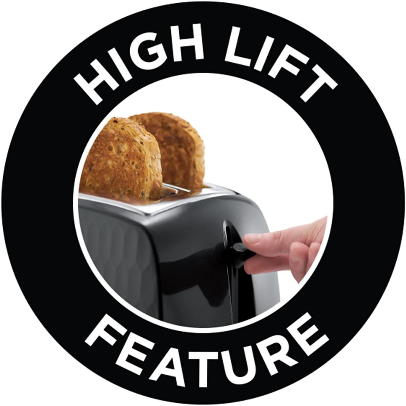 Black 2-slice toaster with high lift feature, bread raised above slots
