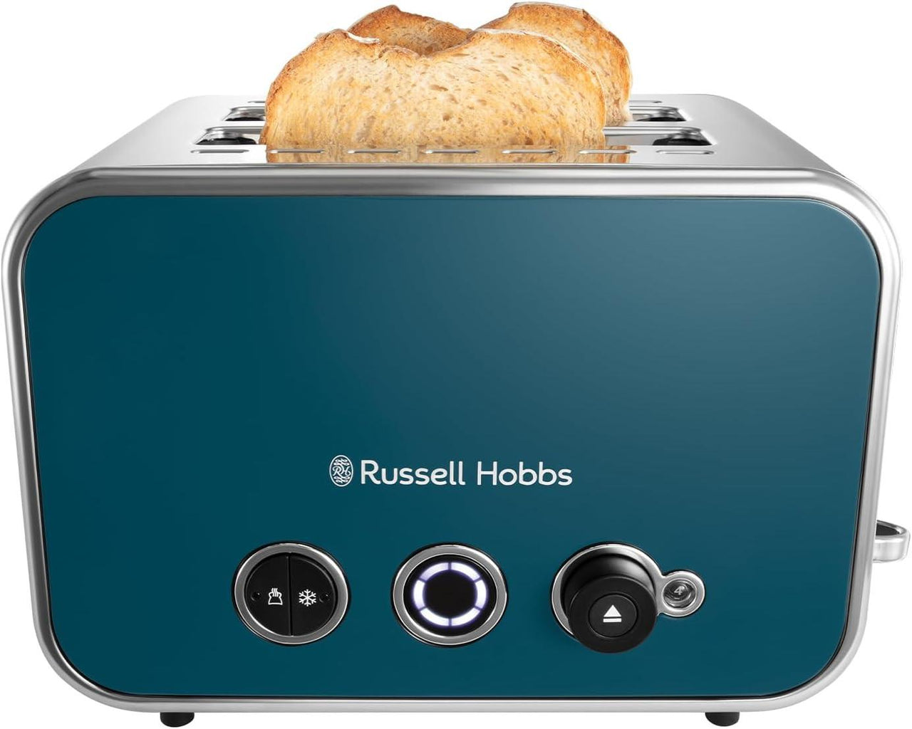 Ocean blue 2-slice toaster with glowing dial and bread in the slots, Russell Hobbs